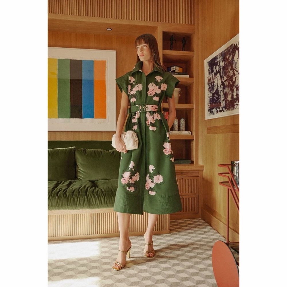 Tuckernuck Olive and Pressed Powder Floral Chloe Midi Shirt Dress NWT - Picture 5 of 16